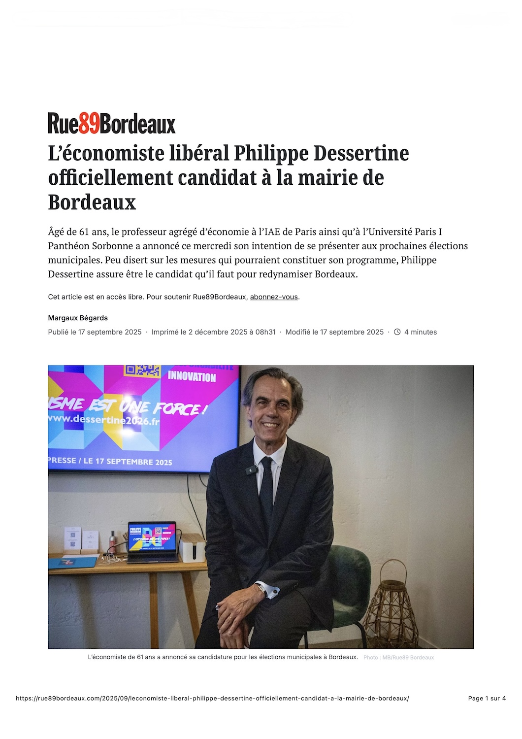 L’économiste libéral Philippe Dessertine officiellement candidat à la mairie de Bordeaux